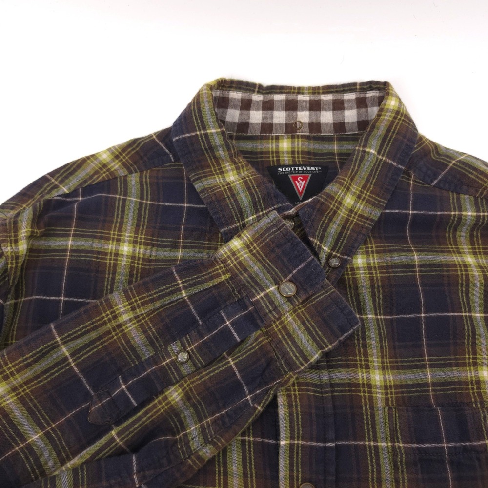 SCOTTEVEST Men Shirt‎ Plaid Brown Green Large Hidden Pockets Travel Button Down